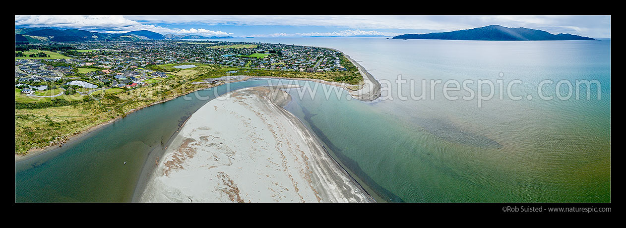 Image of Waikanae River mouth, Beach and estuary scientific Reserve. Paraparaumu Beach beyond and Kapiti Island and Marine Reserve far right. South Island in distance. Aerial panorama, Waikanae, Kapiti Coast District, Wellington Region, New Zealand (NZ) stock photo image