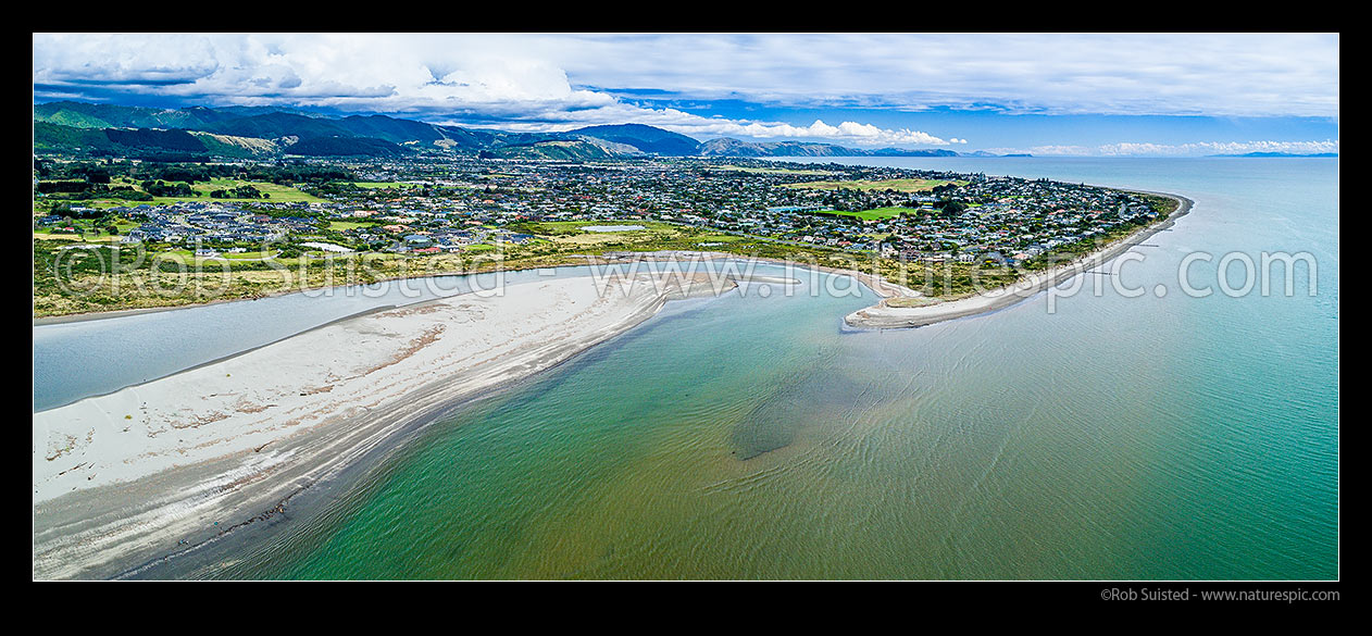 Image of Waikanae River mouth, sandspit beach and estuary. Paraparaumu Beach beyond. Aerial panorama, Waikanae, Kapiti Coast District, Wellington Region, New Zealand (NZ) stock photo image