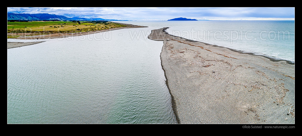 Image of Otaki River mouth and beach. Coastal farmland looking toward Te Horo at left, and Kapiti Island beyond. Aerial panorama, Otaki Beach, Kapiti Coast District, Wellington Region, New Zealand (NZ) stock photo image