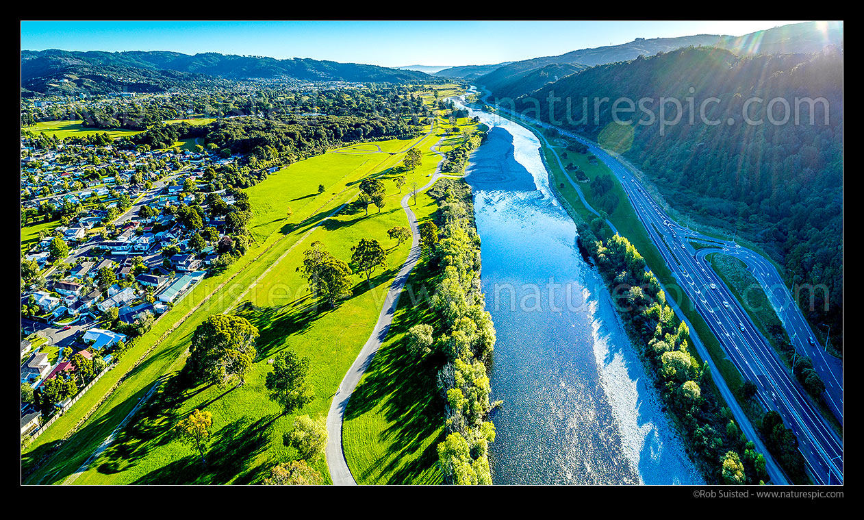 Image of Hutt Valley aerial panorama, looking down the Hutt River, River Road (SH2), and over Moonshine Park towards Lower Hutt City, Upper Hutt, Wellington Region, New Zealand (NZ) stock photo image