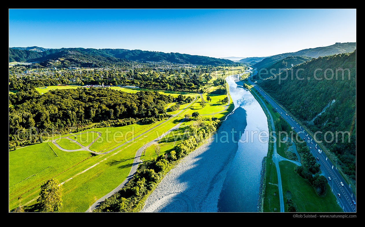 Image of Hutt Valley aerial panorama, looking down the Hutt River, River Road (SH2), and over Moonshine Park towards Lower Hutt City, Upper Hutt, Wellington Region, New Zealand (NZ) stock photo image