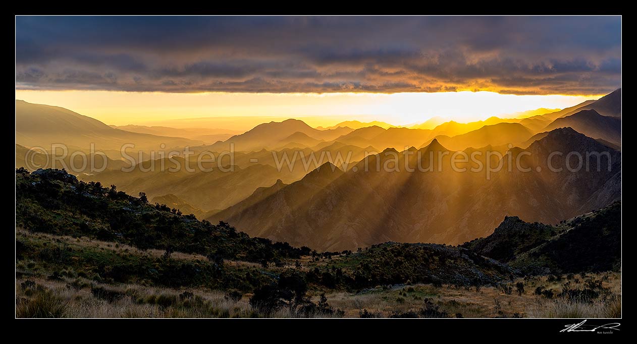 Image of Gladstone Downs sunrise, with dramatic sunlight fingers lighting the Hodder River Valley. Camden Station, Cam River and Isis Streams beyond. Panorama, Awatere Valley, Marlborough District, Marlborough Region, New Zealand (NZ) stock photo image