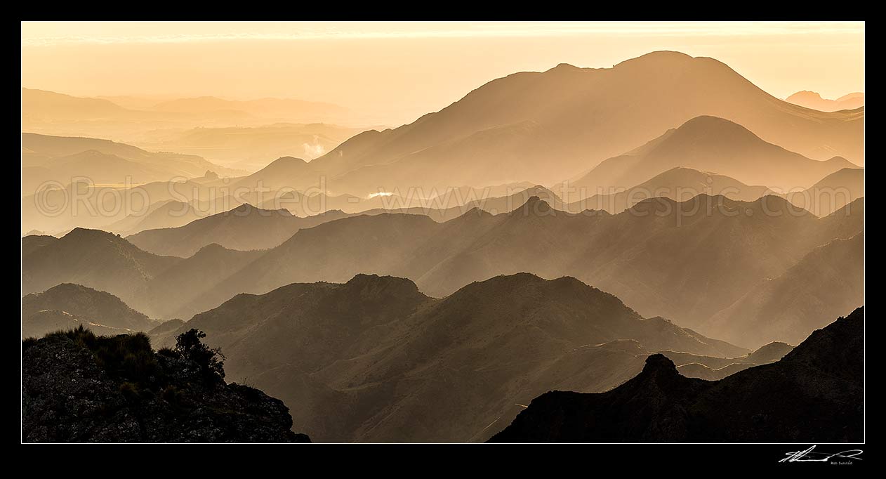 Image of Awatere Valley morning. Welds Hill (995m - right) above ridgelines of the Cam and Isis Streams and Jordan River. Seen from Gladstone Downs Station. Panorama, Awatere Valley, Marlborough District, Marlborough Region, New Zealand (NZ) stock photo image