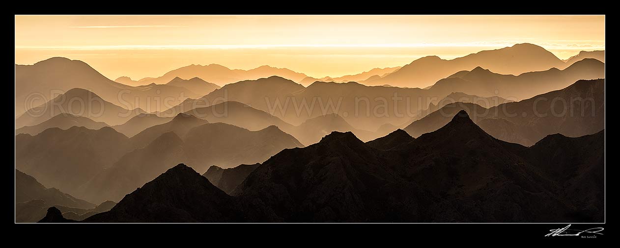 Image of Awatere Valley dawn, looking over the Hodder River, Cam and Isis Streams to the Jordon River and beyond to Cook Strait. Gladstone Downs and Camden Stations. Panorama, Awatere Valley, Marlborough District, Marlborough Region, New Zealand (NZ) stock photo image