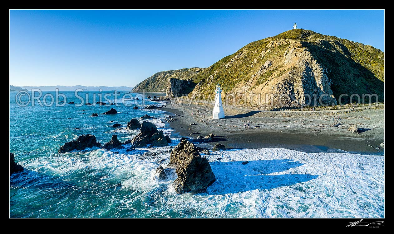 Image of Pencarrow lighthouses at Wellington Harbour entrance.  Top lighthouse built 1855, NZ's first. Aerial panorama. East Harbour Regional Park, Pencarrow Head, Hutt City District, Wellington Region, New Zealand (NZ) stock photo image