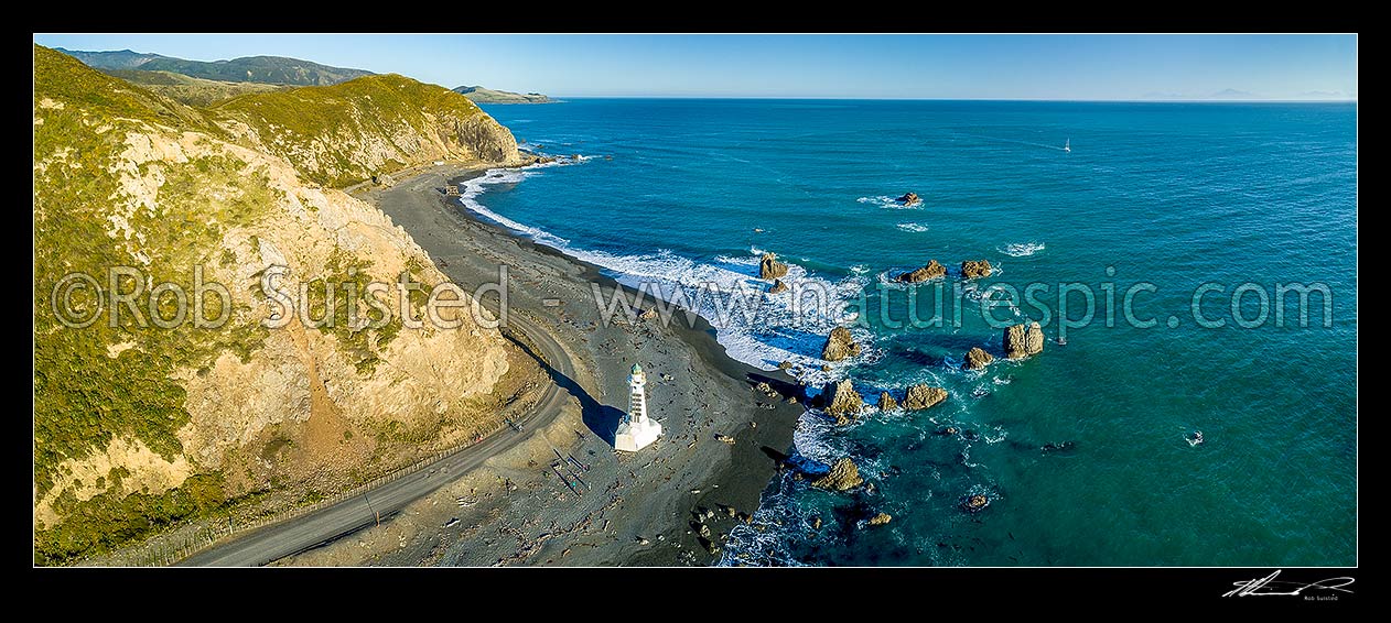 Image of Pencarrow Head lighthouse at Wellington Harbour entrance. East Harbour Regional Park. Baring Head beyond. Aerial panorama, Pencarrow Head, Hutt City District, Wellington Region, New Zealand (NZ) stock photo image