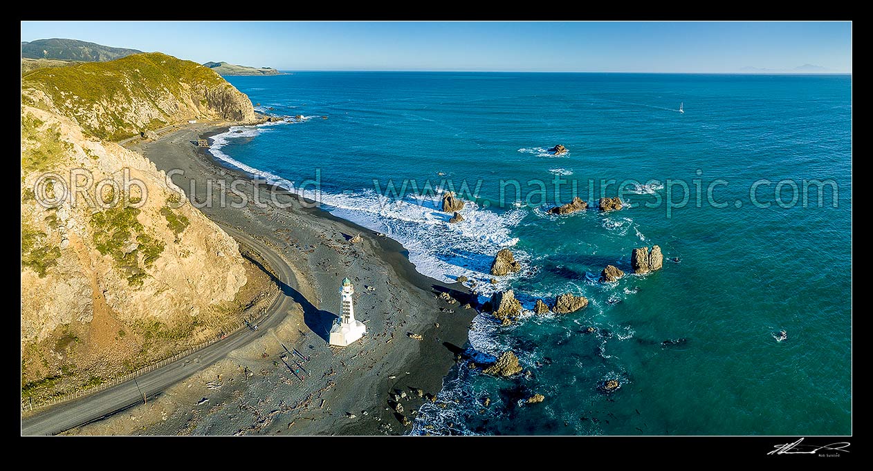 Image of Pencarrow Head lighthouse at Wellington Harbour entrance. East Harbour Regional Park. Baring Head beyond. Aerial panorama, Pencarrow Head, Hutt City District, Wellington Region, New Zealand (NZ) stock photo image