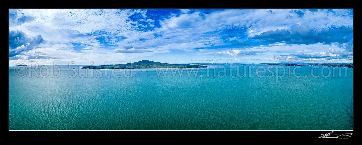 Image of Rangitoto Island (260m) seen across Rangitoto Channel from Takapuna. Aerial panorama view, Rangitoto Island, Auckland City District, Auckland Region, New Zealand (NZ) stock photo image