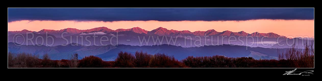 Image of Tararua Ranges seen at dusk with the last light of day lighting the main range. Tararua Forest Park. Seen from near Foxton. Panorama, Foxton, Horowhenua District, Manawatu-Wanganui Region, New Zealand (NZ) stock photo image