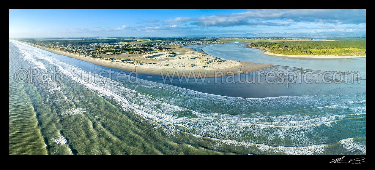 Image of Manawatu River mouth, with Foxton Beach township at left, Tararua Ranges beyond, and Waitarere forest at right. Aerial panorama, Foxton Beach, Horowhenua District, Manawatu-Wanganui Region, New Zealand (NZ) stock photo image