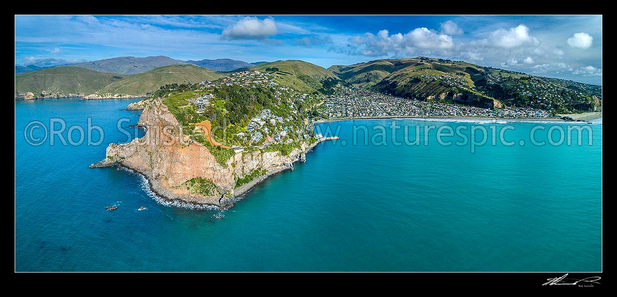 Image of Sumner Head and Sumner Beach (right) with the Port Hills and Mt Pleasant Tauhinukorokio above right. Aerial panorama, Sumner, Christchurch City District, Canterbury Region, New Zealand (NZ) stock photo image