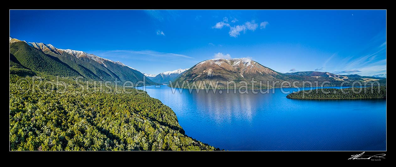 Image of Lake Rotoiti, Nelson Lakes National Park. St Arnaud Range and Travers River Valley at left, Robert Ridge centre, Kerr Bay and Brunner Peninsula at right. Aerial panorama, St Arnaud, Tasman District, Tasman Region, New Zealand (NZ) stock photo image