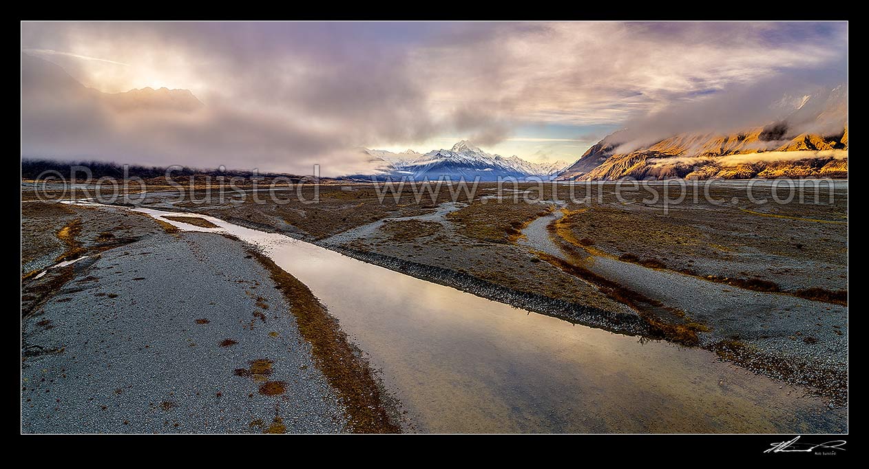 Image of Tasman Valley, a braided river valley draining down from Aoraki / Mt Cook (3754m) and Tasman Glacier visible above. Aerial panorama, Aoraki / Mount Cook National Park, MacKenzie District, Canterbury Region, New Zealand (NZ) stock photo image