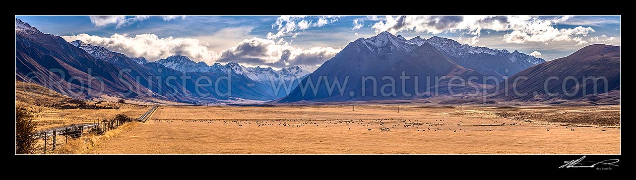 Image of Ahuriri River Valley at Ben Avon Station. Broad open upper valley with Huxley Range at left, Barrier Range at night. Ahuriri Conservation Park beyond. Panorama, Ahuriri River, Waitaki District, Canterbury Region, New Zealand (NZ) stock photo image