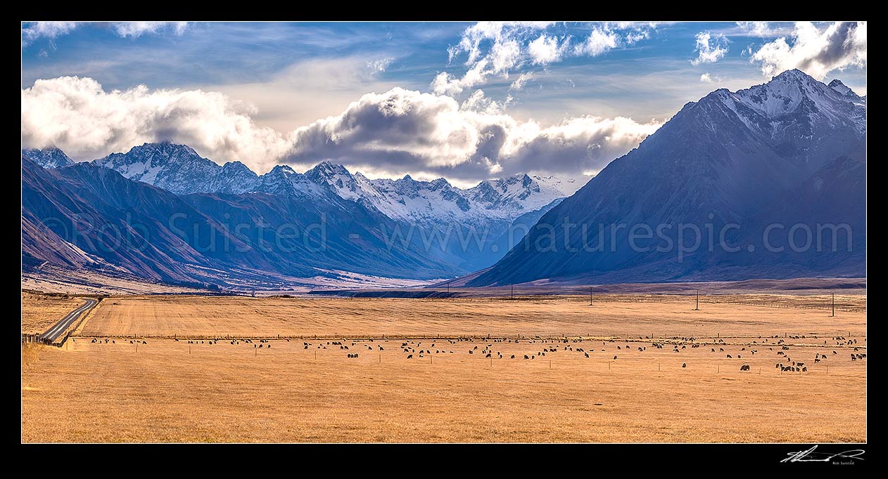 Image of Ahuriri River Valley at Ben Avon Station. Broad open upper valley with Huxley Range at left, Barrier Range at night. Ahuriri Conservation Park beyond. Panorama, Ahuriri River, Waitaki District, Canterbury Region, New Zealand (NZ) stock photo image