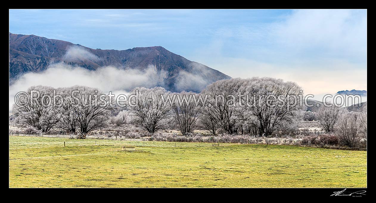 Image of Heavy frost, or hoar frost, amongst Ahuriri riverflats and farmland near Omarama. Benmore Range beyond. Panorama, Omarama, Waitaki District, Canterbury Region, New Zealand (NZ) stock photo image