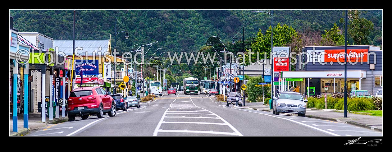 Image of Featherston town. Main Street (State Highway 2,SH2). Panorama, Featherston, South Wairarapa District, Wellington Region, New Zealand (NZ) stock photo image