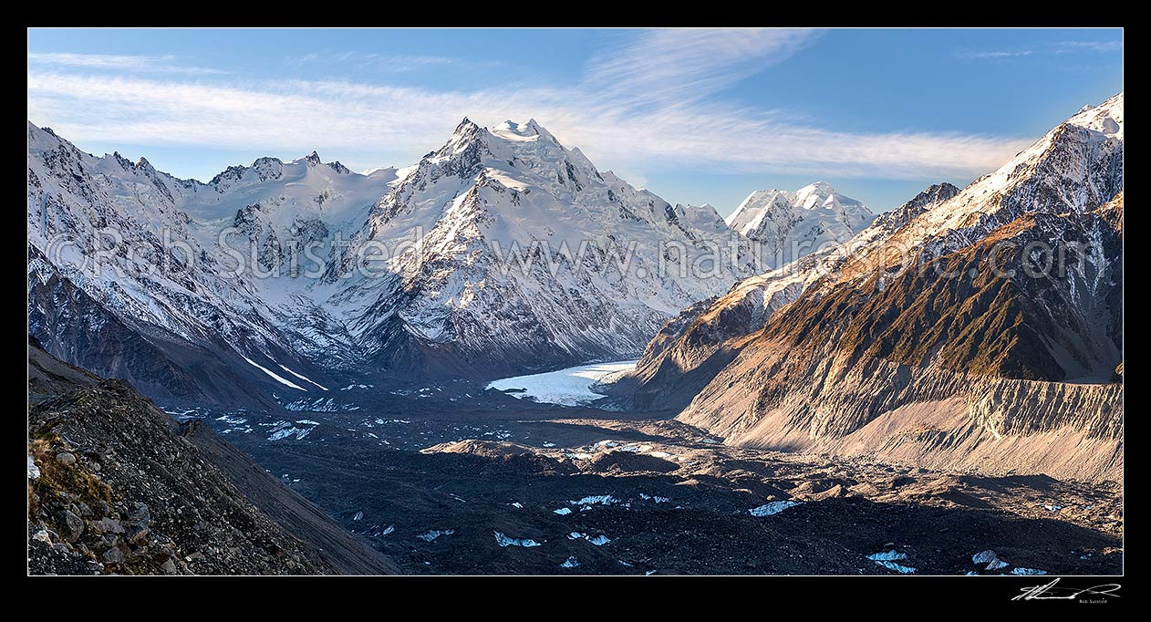 Image of Tasman Glacier Valley with Mount De La Beche (2950m) and Minarets (3040m) centre, Rudolf Glacier left, joining the Tasman Glacier (centre). Southern Alps, Aoraki / Mount Cook National Park, MacKenzie District, Canterbury Region, New Zealand (NZ) stock photo image