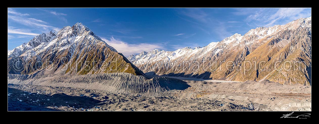 Image of Murchison Valley across the Tasman Glacier and lateral moraine. Malte Brun Range left, Liebig Range at right. Panorama, Aoraki / Mount Cook National Park, MacKenzie District, Canterbury Region, New Zealand (NZ) stock photo image