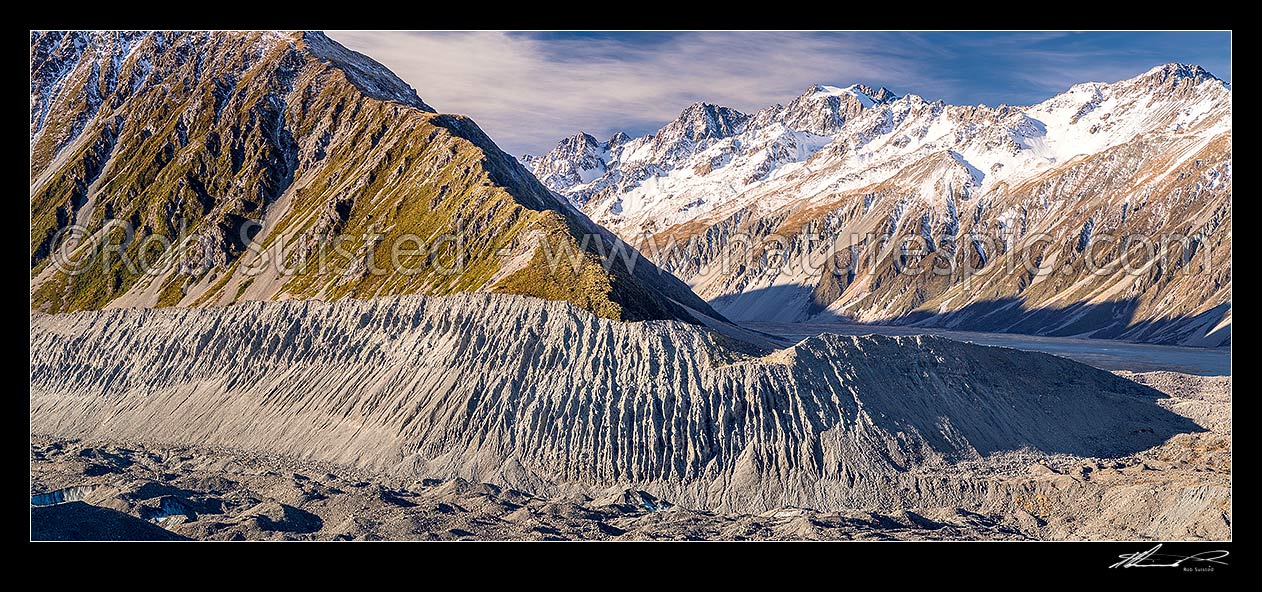 Image of Murchison Valley beyond the Tasman Glacier and lateral moraine. Malte Brun Range left, Liebig Range behind, Aoraki / Mount Cook National Park, MacKenzie District, Canterbury Region, New Zealand (NZ) stock photo image