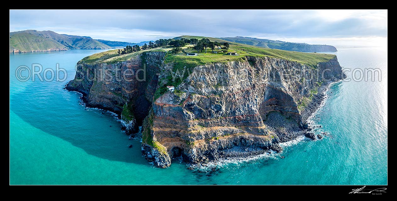 Image of Godley Head Awaroa at entrance of Lyttelton Harbour (Whakaraupo), left. Historic gun emplacements centre. Sumner Head and Christchurch at right. Aerial panorama, Godley Head, Christchurch City District, Canterbury Region, New Zealand (NZ) stock photo image