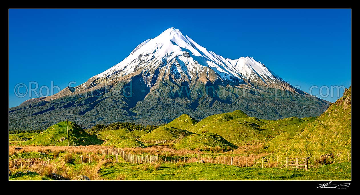 Image of Mt Taranaki (2518m), Fanthams Peak (1966m), and Egmont National Park, high above farmland with distinctive hillocks and mounds. Panorama, Rahotu, South Taranaki District, Taranaki Region, New Zealand (NZ) stock photo image