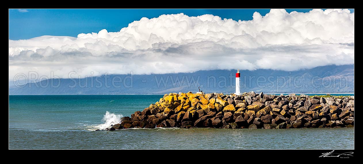 Image of Buller River mouth north mole and breakwater with navigation beacon. Panorama, Westport, Buller District, West Coast Region, New Zealand (NZ) stock photo image