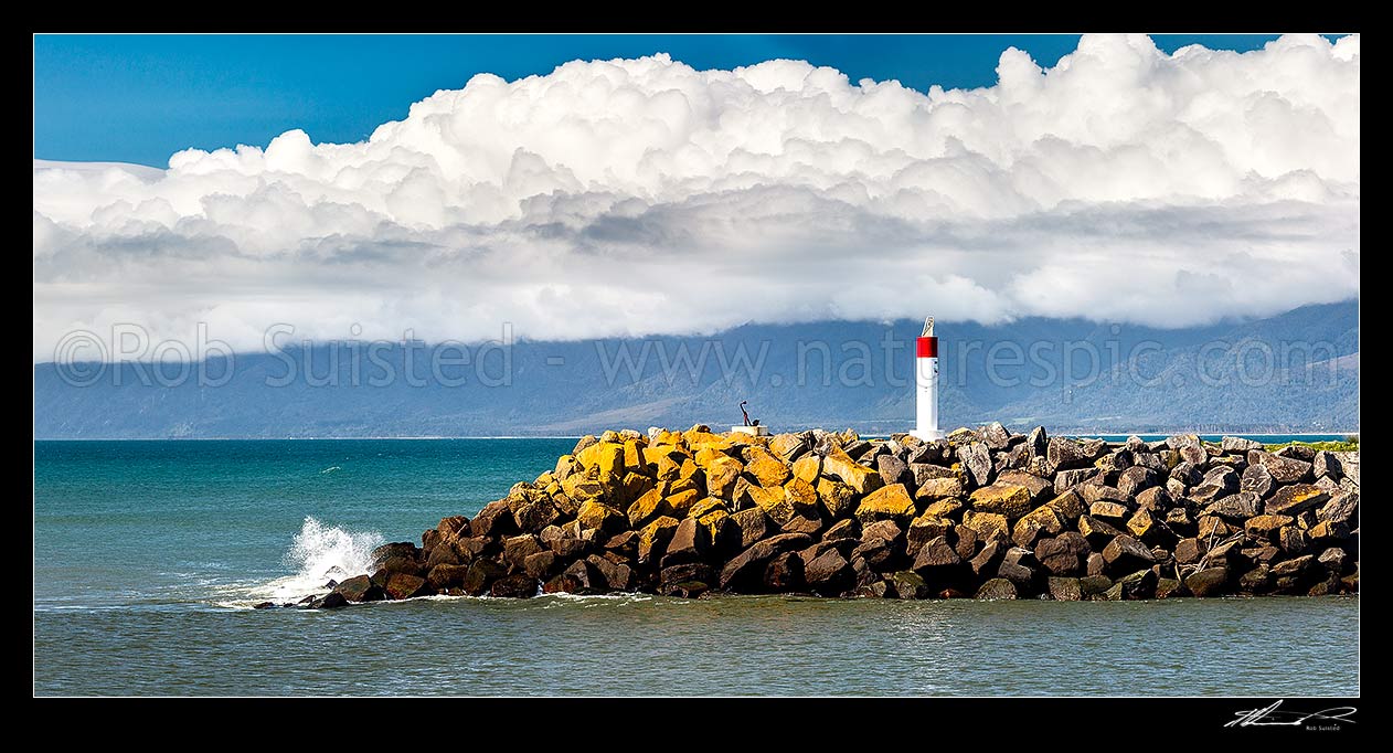 Image of Buller River mouth north mole and breakwater with navigation beacon. Panorama, Westport, Buller District, West Coast Region, New Zealand (NZ) stock photo image