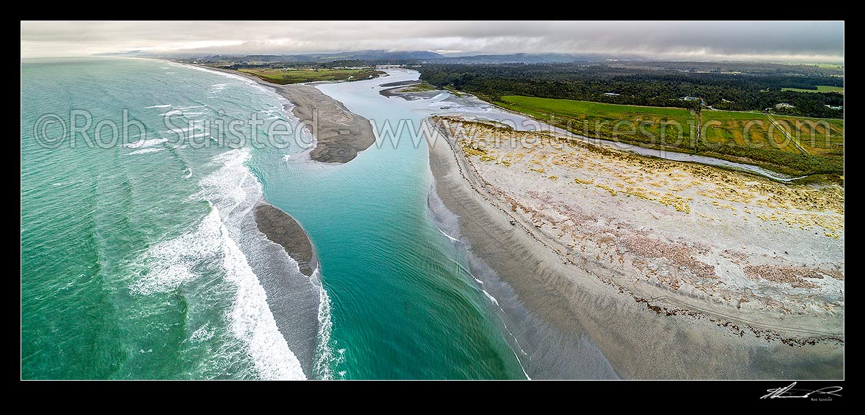 Image of Taramakau River mouth, estuary and sand bars. Aerial panorama looking north over surf, Kumara Junction, Westland District, West Coast Region, New Zealand (NZ) stock photo image