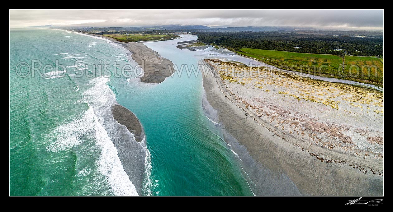 Image of Taramakau River mouth, estuary and sand bars. Aerial panorama looking north over surf, Kumara Junction, Westland District, West Coast Region, New Zealand (NZ) stock photo image