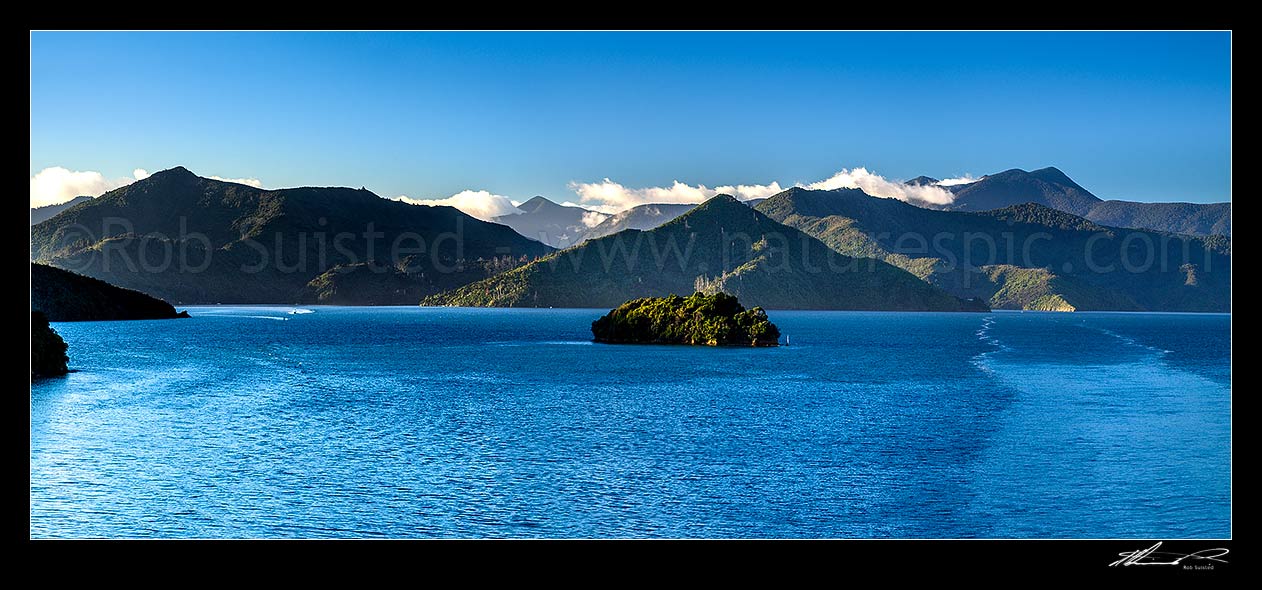 Image of Evening in Queen Charlotte Sound near Picton. Panorama, Marlborough Sounds, Marlborough District, Marlborough Region, New Zealand (NZ) stock photo image