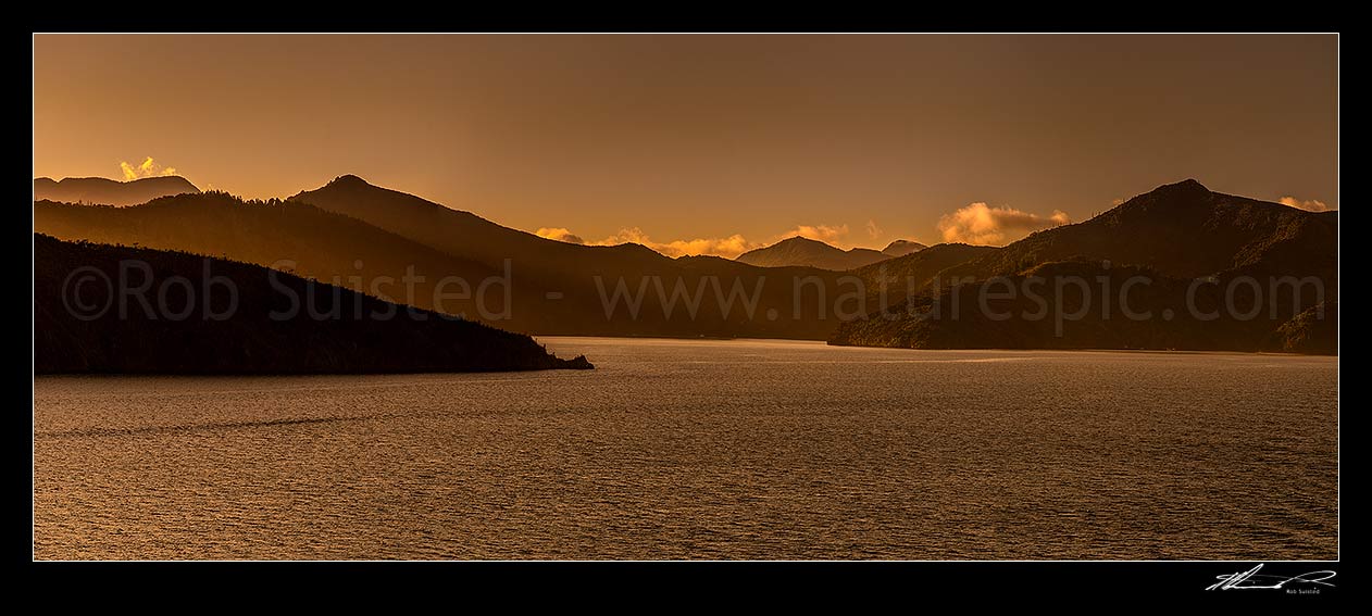 Image of Queen Charlotte Sound, looking across to Lochmara Bay and Double Cove. Mt Te Mahia (416m) left. Wedge Point left. Panorama at dusk. Picton, Marlborough Sounds, Marlborough District, Marlborough Region, New Zealand (NZ) stock photo image