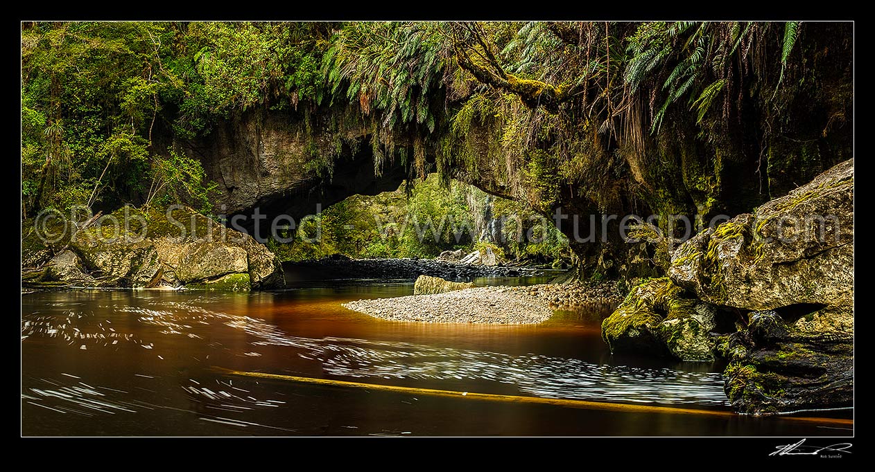 Image of Oparara Arch. The Oparara River entering the little Oparara arch (Moria Gate). Clean, dark vegetation and tanin stained water moving slowly under the limestone arch. Panorama, Karamea,Kahurangi National Park, Buller District, West Coast Region, New Zealand (NZ) stock photo image