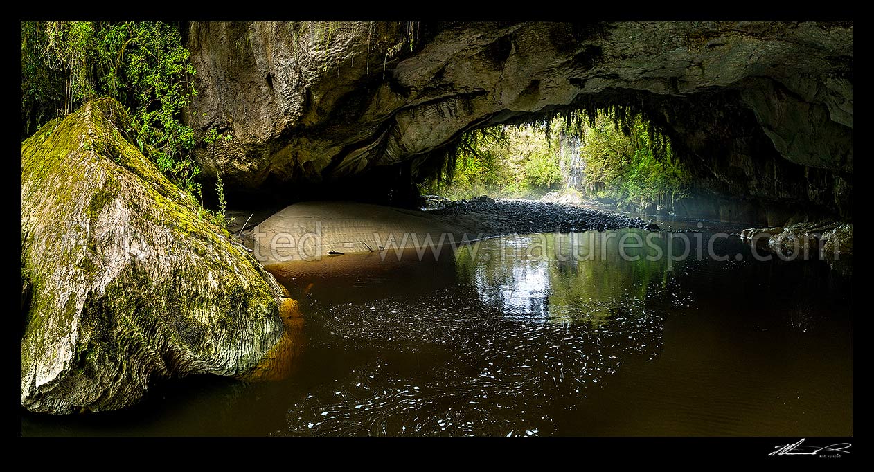 Image of Oparara Arch. The Oparara River entering the little Oparara arch (Moria Gate). Clean, dark, tanin stained water moving slowly under the limestone arch. Panorama, Karamea,Kahurangi National Park, Buller District, West Coast Region, New Zealand (NZ) stock photo image