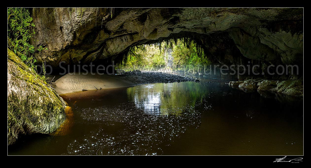 Image of Oparara Arch. The Oparara River entering the little Oparara arch (Moria Gate). Clean, dark, tanin stained water moving slowly under the limestone arch. Panorama, Karamea,Kahurangi National Park, Buller District, West Coast Region, New Zealand (NZ) stock photo image