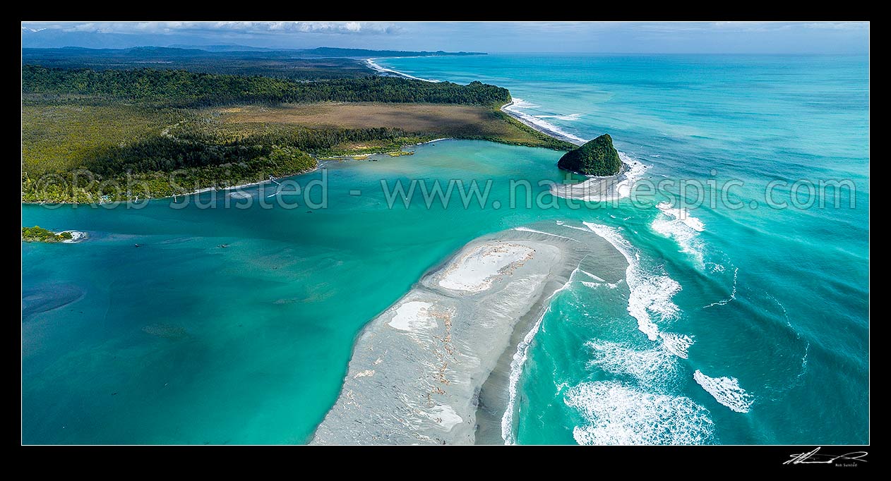 Image of Wanganui Heads, with Wanganui River mouth at high tide. Looking south past Mt Oneone (56m) to Abut Head in distance. Whitebait stands visible. Aerial panorama, Harihari, Westland District, West Coast Region, New Zealand (NZ) stock photo image