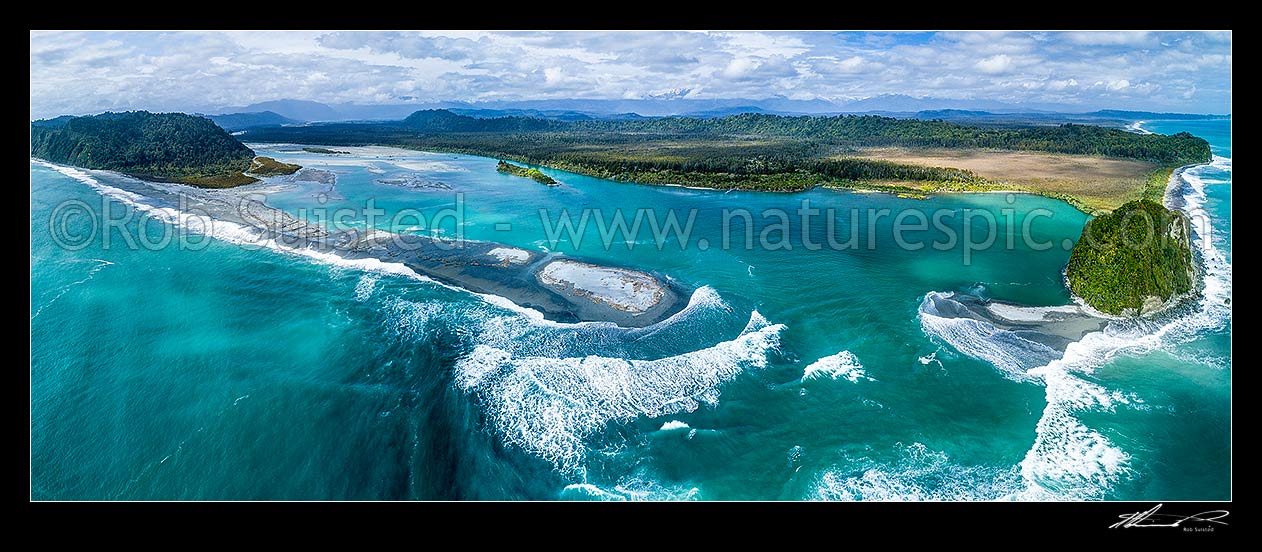 Image of Wanganui Heads, with Wanganui River mouth at high tide. Wanganui Bluff far left, and Mt Oneone (56m) far right. Southern Alps beyond. Aerial panorama, Harihari, Westland District, West Coast Region, New Zealand (NZ) stock photo image