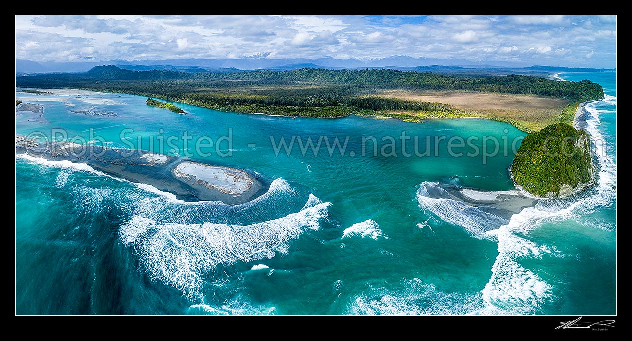 Image of Wanganui Heads, with Wanganui River mouth at high tide. Mt Oneone (56m) far right. Southern Alps beyond. Aerial panorama, Harihari, Westland District, West Coast Region, New Zealand (NZ) stock photo image