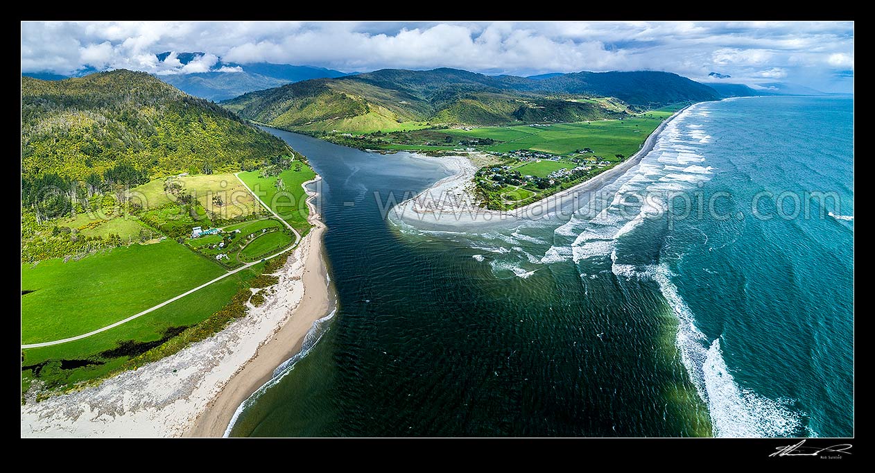 Image of Mokihinui River mouth, with Mokihinui township and Summerlea centre. Aerial panorama looking south along coast towards Hector, Mokihinui, Buller District, West Coast Region, New Zealand (NZ) stock photo image