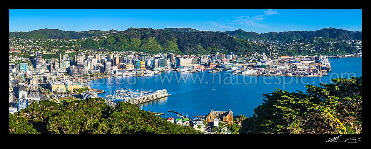 Image of Wellington City CBD, Lambton Harbour, Port and hillside suburbs of Northland, Wadestown, Seen from Mt Victoria. St Gerards Monastry centre. Panorama, Wellington, Wellington City District, Wellington Region, New Zealand (NZ) stock photo image