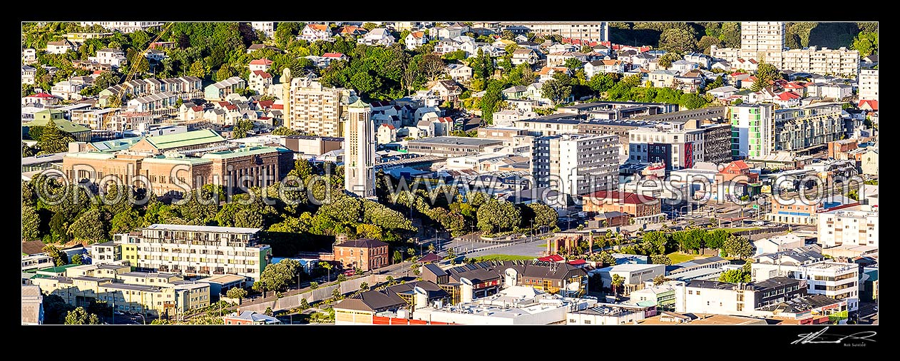 Image of Te Aro suburb of Wellington City. Massey University (Dominion Museum building), National War Memorial and Pukeahu National War Memorial Park, Buckle Street. Panorama, Wellington, Wellington City District, Wellington Region, New Zealand (NZ) stock photo image