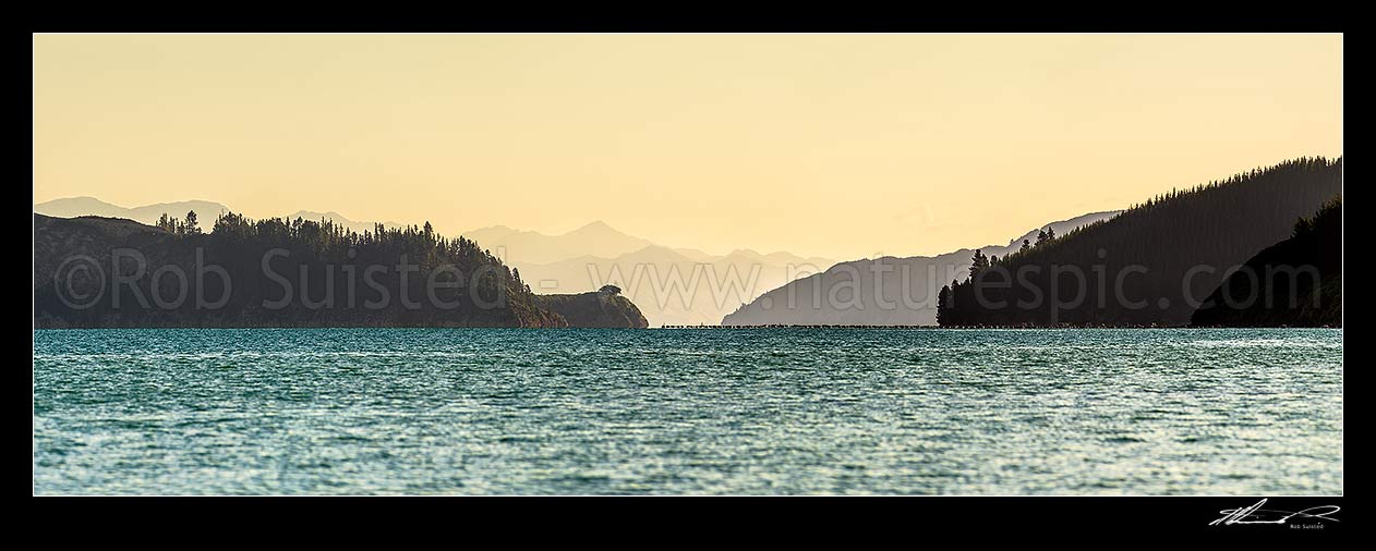 Image of Port Underwood, looking south towards Kaikoura Ranges and Ferny Gair (1670m) Peak beyond. Mussel farms prominent from Fata morgana effect. Panorama, Port Underwood, Marlborough District, Marlborough Region, New Zealand (NZ) stock photo image