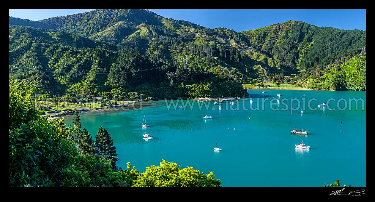 Image of Oyster Bay, with boats and mussel harvesting barges in Port Underwood. Hakahaka Bay beyond. Panorama, Port Underwood, Marlborough District, Marlborough Region, New Zealand (NZ) stock photo image