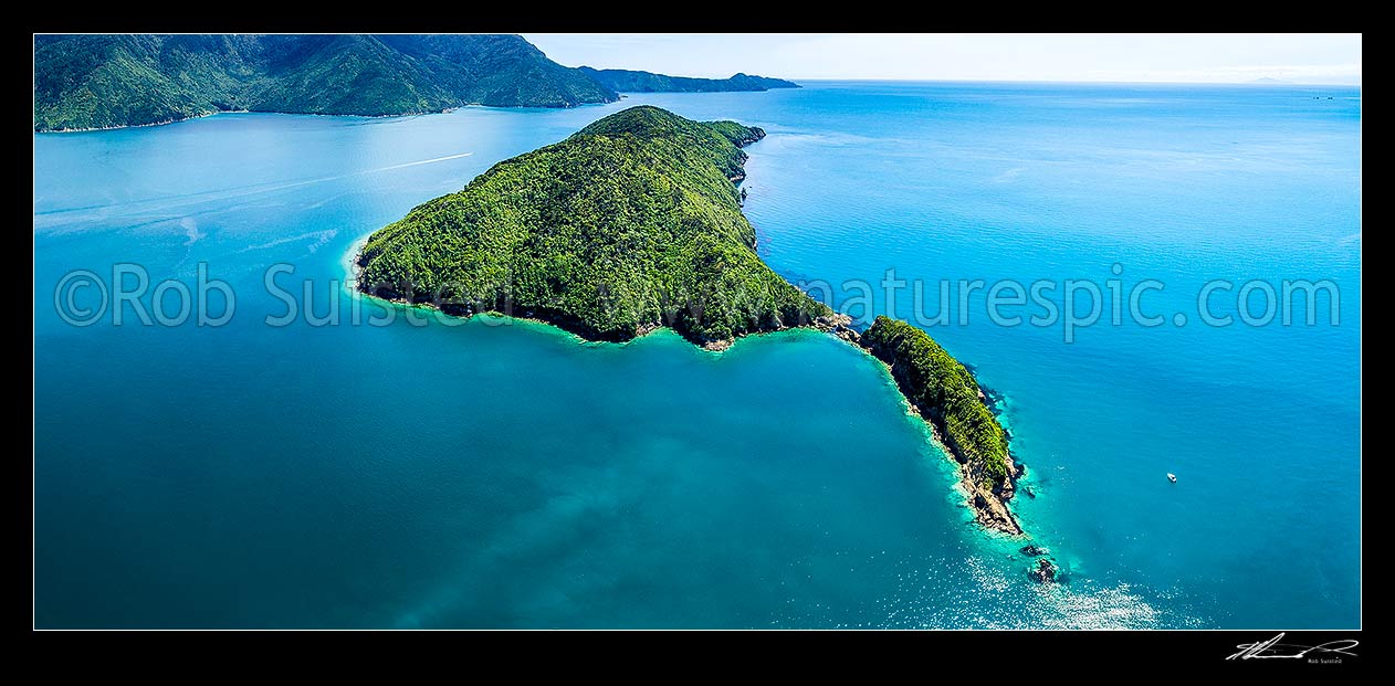 Image of Motuara Island Scenic and Historic Reserve, with Hippa Island in foreground. Outer Queen Charlotte Sound (Totaranui) with Cape Jackson far right. Aerial panorama, Marlborough Sounds, Marlborough District, Marlborough Region, New Zealand (NZ) stock photo image