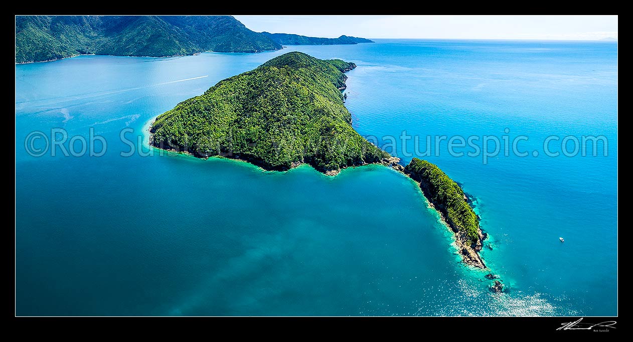 Image of Motuara Island Scenic and Historic Reserve, with Hippa Island in foreground. Outer Queen Charlotte Sound (Totaranui) with Cape Jackson far right. Aerial panorama, Marlborough Sounds, Marlborough District, Marlborough Region, New Zealand (NZ) stock photo image