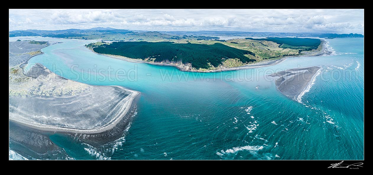 Image of Aotea harbour entrance, looking over Potahi Point and Potoorangi Bay (left) towards Aotea, Maukutea Beach, Nihinihi Point and Kahua Point. Kawhia harbour beyond right. Aerial panorama, Aotea, Otorohanga District, Waikato Region, New Zealand (NZ) stock photo image