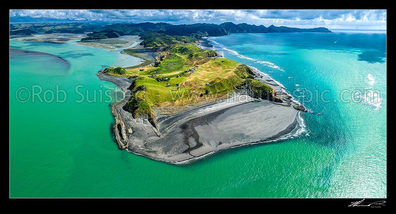 Image of Te Maika Peninsula on Kawhia Harbour mouth. Opapaka Point, Ohanga, Urawhitiki Point in foreground, Albatross Point far right. Aerial panorama, Kawhia, Otorohanga District, Waikato Region, New Zealand (NZ) stock photo image