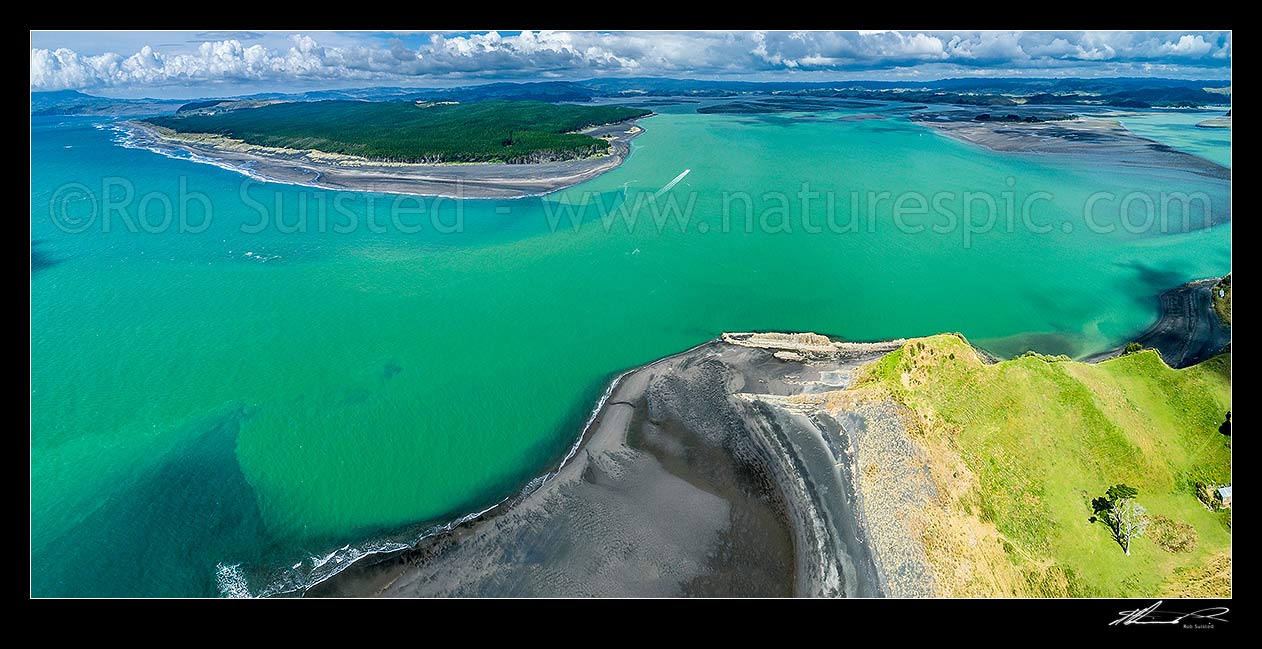 Image of Kawhia Harbour entrance and bar seen from Te Maika Peninsula, looking towards Tauratahi Point from Opapaka Point. Aerial panorama, Kawhia, Otorohanga District, Waikato Region, New Zealand (NZ) stock photo image