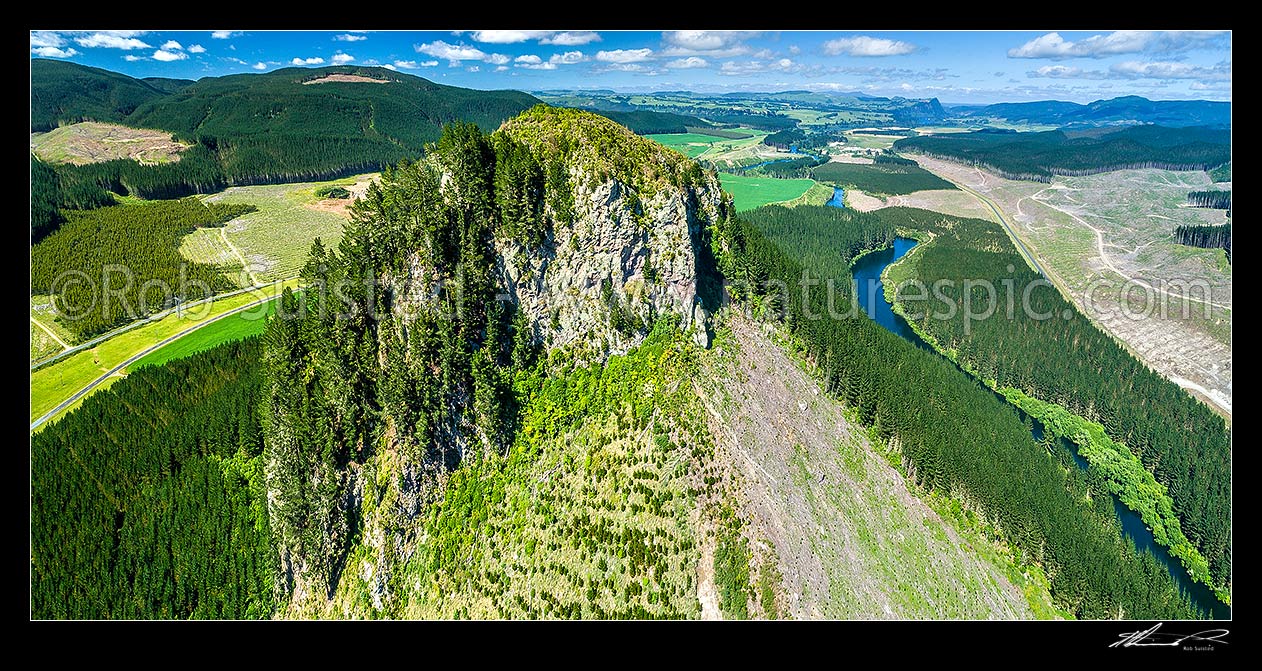 Image of Mt Pohaturoa Peak (540m) beside the Waikato River, a lava dome in Maroa volcanic centre, historic Pa site for Maori, and significant to Ngati Whaita. Aerial panorama, Atiamuri, Taupo District, Waikato Region, New Zealand (NZ) stock photo image