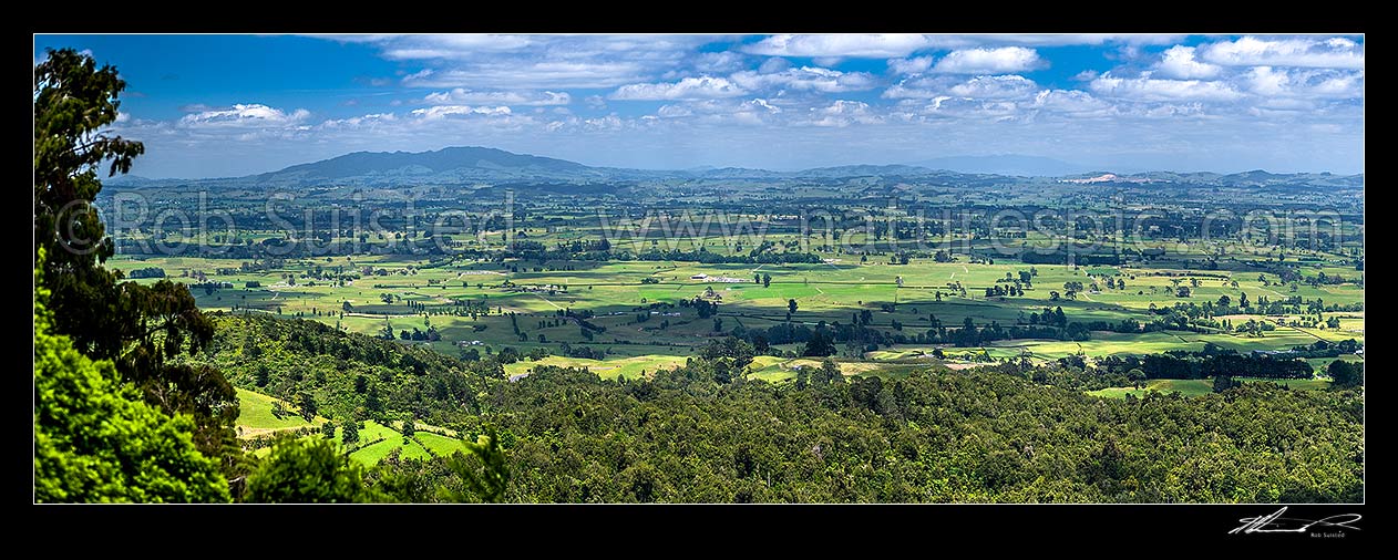 Image of Waikato plains and rural farmland seen from the Kaimai Ranges looking west towards Cambridge. Maungatautari range and Ecological Island at left. Panorama, Kaimai Range, Matamata-Piako District, Waikato Region, New Zealand (NZ) stock photo image